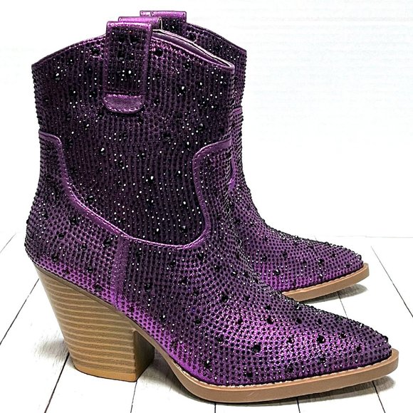 New Women Purple Rhinestone Blingy Cowboy Western Ankle Boots Booties - Picture 1 of 6